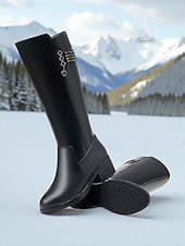 cheap Snow &amp; Winter Boots-Women's Black Leather Knee-High Boots with Wool Lining - Stylish Winter Fashion, Perfect for Cold Weather, Outdoor Activities and Casual Outings