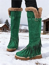 abordables Snow &amp; Winter Boots-Women's Green Fringe Faux Suede Snow Boots with Fur Lining – Stylish Knee-High Winter Boots Footwear for Cold Weather, Snow and Outdoor Adventures