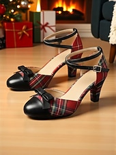  Naisten ruudulliset nilkkaremmikorkokengät rusetilla – vintage 1950-luvun tyyli, mukavat lohkokorkokengät jouluun, juhlapyhiin ja arkeen