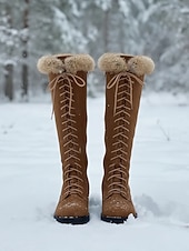 cheap Snow &amp; Winter Boots-Women's Brown Lace-Up Fur Lined Boots - Knee-High Winter Boots with Warm Faux Fur Collar for Outdoor Snow and Holiday Wear