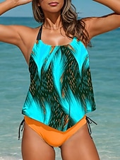 economico Tankini-Tankini 2 pezzi costume da bagno da donna che rende le chiappe in vista schiena scoperta abbigliamento da spiaggia per le vacanze ombre grafica scollatura a U costumi da bagno senza maniche