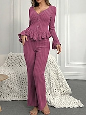 abordables Vêtements de nuit pour femmes-Femmes Ensemble Pyjama Occasionnel Confort Couleur Unie Taille Élastique Pantalon Maison Quotidien manche longue Col en V Noir Vin Fuchsia Gris Printemps Automne Hiver Coupe régulière