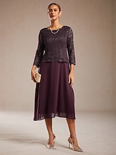  Dámské Midi šaty Šifonové šaty Elegantní Pevná barva 3/4 délka rukávu Tričkový Fialová