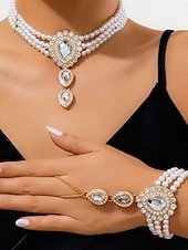 baratos Colar Feminino-Conjunto de joias femininas com pérolas e esmeraldas - elegante colar choker e pulseira com strass para baile de gala, formatura ou festa noturna.