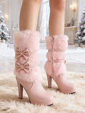 levne Sníh a zimní boty-Dámské bílé sněhule na vysokém podpatku z umělé kožešiny s mašlí - elegantní zimní obuv se zapínáním na zip, elegantní pro formální i sváteční příležitosti