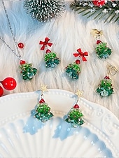 ieftine Cercel de damă-Bijuterii acrilice de Crăciun pentru femei – colier și cercei cu brad festiv și funde roșii, perfecți pentru petreceri și sărbători