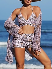 tanie 3-częściowy zestaw bikini-Kobiece bikini 3-częściowy strój kąpielowy szorty smukły bez pleców na wakacje plażowe ubranie kwiatowy dekolt V bez rękawów