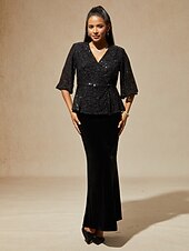 お買い得  レーストップ-女性用 ブラウス レーストップス イブニングトップス スパンコールトップス スパンコール レース エレガント パーティー Ｖネック レギュラートップス 結婚式のゲスト カクテルの服装 ブラック 春、夏、秋、冬