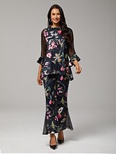 voordelige Blouses &amp;amp; Shirts-damesblouse zwart bloemenprint stretch chiffon mouwen boothals casual dagelijks lente zomer herfst