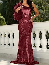 economico Abiti da Sera Sirena-Sirena Tromba Strascico a Terra Abiti da Ballo Abito da Sera Da principessa Abito formale Elegante Stile Celebrità Setoso Senza Maniche Monospalla Festa in giardino Matrimonio Con Paillettes con Piuma