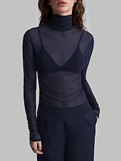 voordelige Effen t-shirt-Dames Blouse Lapwerk Netstof Effen Kleur Elegant Stijlvol Basic Lange mouw Coltrui Normale tops Dagelijks Grijs-Groen Zwart Wijn Marineblauw Bruin Zomer Lente Herfst