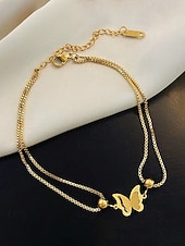 baratos Pulseira Feminina-Pulseira de tornozelo feminina em aço inoxidável com estampa de borboleta – disponível em dourado e prateado, design elegante em corrente com detalhes em formato de coração, perfeita para ocasiões casuais e noturnas.