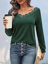 abordables T-shirt uni-Femmes Chemisier Dentelle Patchwork Uni Actif Occasionnel manche longue Col en V Hauts Réguliers Quotidien Fête Sortir Vert Emeraude Gris foncé Été Automne