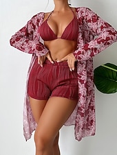 preiswerte 3-teiliges Bikini-Set-Damen Bikini 3-teilig Badeanzug Palm Shorts Bauchkontrolle Hohe Taille Slim Rückenfrei Urlaub Strandbekleidung Blumen Halterhals Ärmellose Bademode