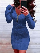 economico Abiti in maglia-Per donna Felpa Abito maglione Casual Morbido Colore Puro A Coste Scollo a V Cerniera Lavorato a maglia Manica Lunga Top lunghi Maglia All'aperto Feste Quotidiano Vino Verde militare Autunno Inverno