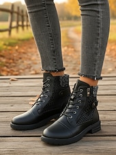 abordables Botas de combate-Botines marrones de mujer con cordones y detalles de punto – botas elegantes y duraderas para paseos al aire libre, trabajo y salidas informales.