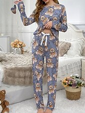 billige Natttøy-Dame Pyjamas lounge Pyjamas Sett Fritid Tegneserie Elastisk midje Bukse Hjem Seng Langermet Crew-hals Blå Vår Høst Løstsittende