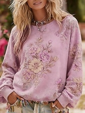 billiga Floral Blouses-Women's Pullover Sweatshirt Floral Casual Long Sleeve Crew Neck Regular Tops Casual Street Dailywear Pink Purple Spring Fall Winter