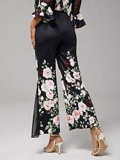  Damenhose Stretchstoff Blumendruck Chiffon transparente Einsätze ausgestelltes Bein elastische Taille elegant bequem Alltag Arbeit Herbst