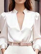 voordelige Chique Blouses-Dames Overhemd Elegant Chic satijnen top Met ruches Effen Stijlvol Lange mouw V-hals Normale tops Werk Feestdagen Uitgaan Zwart Wit Blozend Roze Lente Herfst