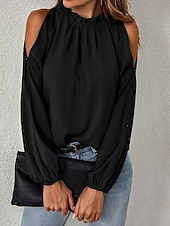 Недорогие Нарядные блузки-Жен. Блуза Рюши Оборки Полотняное плетение Элегантный стиль Винтаж Стиль Длинный рукав Вырез под горло Обычные топы Повседневные Праздники На выход Черный Винный Зеленый Осень Зима