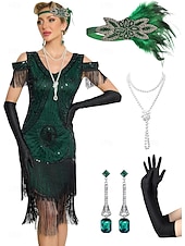 abordables Vestidos de los años 20-Conjunto Rugido 20s 1920s Hasta la Rodilla Vestidos Vestido Flapper Accesorios con accesorios Hombro frío Mangas cortas El gran Gatsby charlestón Lentejuelas Borlas Pluma Escote en Pico Disfraz Mujer