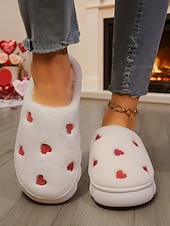 cheap Valentine's Day-Women's White Plush Fleece Slippers with Red Heart Embroidery – Warm Fluffy Thick Sole House Shoes for Bedroom, Valentine's Day &amp; Gifts