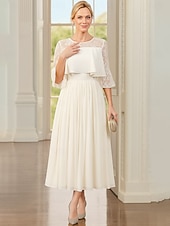 abordables Longitud a la altura del tobillo-Vestido de Fiesta en Línea A de Longitud de Té Ankle Length Vestido de Cóctel Vestido de Invitada de Boda Vestido de Madre de la Novia de Manga Larga Cuello Redondo Fiesta Elegante Vintage con
