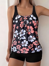 Χαμηλού Κόστους Τανκίνι-Γυναικείο Τανκίνι 2 Κομμάτια Μαγιό Σορτσάκι Έλεγχος Κοιλιάς Ψηλόμεσο Λεπτό Χωρίς Πλάτη Θέρετρο Παραλίας Λουλούδια U Λαιμός Αμάνικο Μαγιό