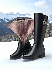 cheap Snow &amp; Winter Boots-Women's Black Leather Knee-High Boots with Wool Lining - Stylish Winter Fashion, Perfect for Cold Weather, Outdoor Activities and Casual Outings