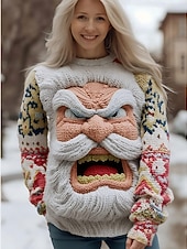 billige Julegensere-Dame Genser søt stil Gatemote Fritid Grafisk julenissen snowflakes Crew-hals Lapper Strikket Langermet Vanlige topper Strikke Jul Fest Ferie Rødbrun Hvit Vår Høst