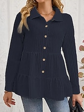 preiswerte Einfache Blusen-Damen Bluse Gerafft Knöpfe Einfarbig Stilvoll Lässig Langarm Hemdkragen Normale Oberteile Täglich Salbeigrün Schwarz Rote Marineblau Aprikose Frühling Herbst Winter