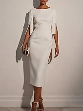 billiga Examensklänningar-Dam Midiklänning Bodycon Klänning Semiformella klänningar Kontor Normal Slät Halvlång ärm Rund hals Svart Vit Rodnande Rosa Sommar Vår Höst