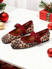 voordelige Platte damesschoenen-Mary Jane-flats met luipaardprint voor dames met fluwelen gespband – vintage stijl, perfect voor Kerstmis, feestdagen en dagelijks gebruik