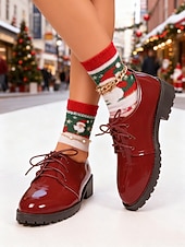 economico Scarpe oxford da donna-scarpe stringate stringate in similpelle verniciata bordeaux da donna: stile natalizio festoso, perfette per le riunioni di festa, le gite invernali e gli eventi stagionali