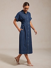 olcso Denimszövet ruhák-farmer testhezálló, elülső nyílással díszített ingruha lezser vakációs ruha