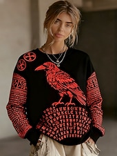 preiswerte Viking-Oberteile-Damen Pullover Sweatshirt Grafik Vintage Lässig Langarm Rundhalsausschnitt Normale Oberteile Lässig Straße Alltagskleidung Rote Frühling Herbst Winter