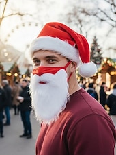 Недорогие Женские шляпы-Мужской рождественский комплект из шапки Санты и маски с бородой, красная плюшевая шапка с белым мехом, удобная маска для лица, аксессуар для праздничного костюма для рождественских вечеринок и праздничных мероприятий
