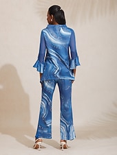 baratos camisas, tops e blusas-Blusa feminina azul estampa floral chiffon elástico mangas decote barco casual confortável primavera verão outono férias