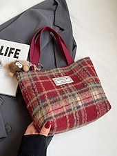 Недорогие Сумки с ручками сверху и шопперы-Женские рождественские клетчатые сумки-шопперы – большие и маленькие размеры, полиэстеровая ткань с помпонами, праздничный стиль для предпраздничного шопинга и подарков