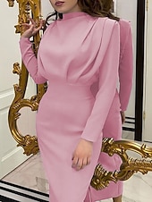 preiswerte schwarzes Maxikleid-Damen Midikleid schwarzes kleid Elegant Mode Modern Täglich Ausgehen Wochenende Normale Passform Einfach Langarm Hoher Ausschnitt Schwarz Rosa Wein Dunkelblau Frühling Herbst Winter