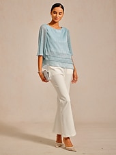  Damen Bluse Elegante Oberteile Chiffon Tops Spitzentops Plissiert Glitzer Elegant Rundhalsausschnitt Normale Oberteile Hochzeitsgast Ausgehen Leicht Blau Frühling Herbst