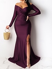 preiswerte Frauen schwarzes Kleid-Damen Langes Kleid Maxikleid schwarzes kleid Abschlussballkleid Partykleid Elegant Modern Party Besonderer Anlass Abendgesellschaft Normale Passform Einfach Langarm V Ausschnitt Blau Schwarz Rote Grün
