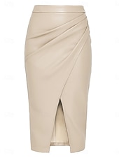 abordables Faldas Formales-Mujer Elegante Moda Midi Alta cintura Faldas Plano Frunce Puntas abiertas Rígido Diario Calle Rojo tinto Negro Marrón Beige Primavera