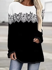 baratos Camiseta floral-Mulheres Camiseta Imprimir Floral Gráfico Poá Vintage à moda Clássico Manga Longa Gola Redonda Decote Redondo Tops regulares Diário Branco / Preto Preto Branco Primavera Outono