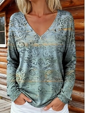 billige Boho t-skjorte-Dame Boho T-skjorte Grafikk Planter Tribal Vintage Stilfull Klassisk Langermet V-hals Vanlige Topper Daglig Trykk Blå Lys Grønn Vin Marineblå Fuchsia Vår Høst Vinter