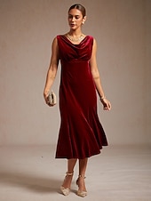  Damen Midikleid Trompeten- Meerjungfrauenkleid Elegant Party Hochzeitsgast Cocktailparty Normale Passform Einfarbig Ärmellos Wasserfallausschnitt Wein