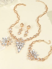 levne Svatba ACC-Dámská sada tří křišťálových šperků - třpytivý náhrdelník s kamínky, náušnice &amp;náramek, elegantní růžovo-zlaté svatební doplňky pro svatbu &amp;večírky