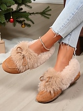 preiswerte Ballerinas für Damen-Damen Loafer Klassische Loafer Weiche Schuhe Komfortschuhe Weihnachten Täglich Schleife Flacher Absatz Runde Zehe Lässig Komfort Kunstpelz Kunstwildleder Loafer Rot orange Mandelfarben Schwarz