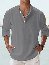 economico Camicie di lino-Per uomo Camicia Camicia di lino Camicia Estiva Camicia da Spiaggia Semplice Vacanza Camicia hawaiana Blu Nero Bianco Rosa Manica Lunga Collo alla coreana Primavera &amp; Estate Abbigliamento Base